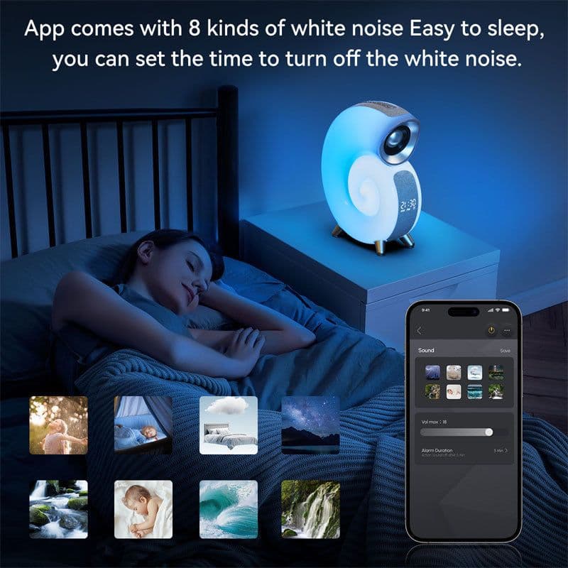 image-Conch Smart RGB Atmosphere Light Bluetooth Speaker Alarm Clock Wake-up Lamp White Noise Machine For Sleeping Baby APP Control