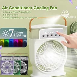 image-Portable USB Air Conditioner Cooling Fan With 5 Sprays 7 Color Light 600ML Water Tank Spray Mist Air Cooler Humidifiers
