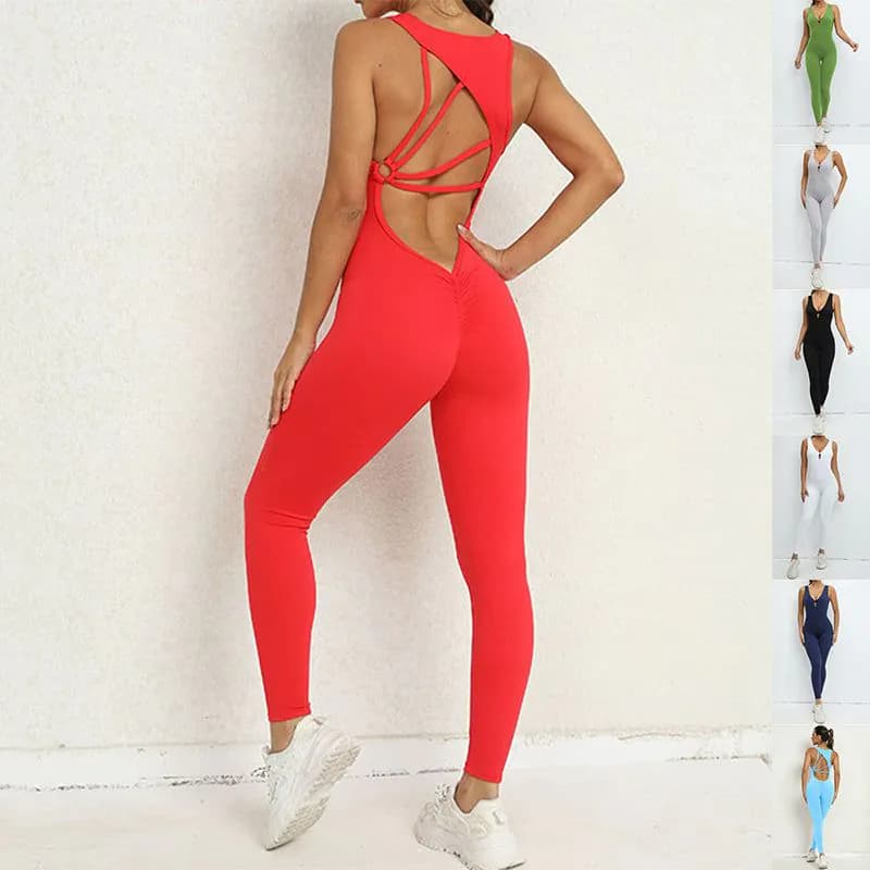 image-Yoga Jumpsuit V-shaped Back Design Sleeveless Fitness Running Sportswear Stretch Tights Pants For Womens Clothing