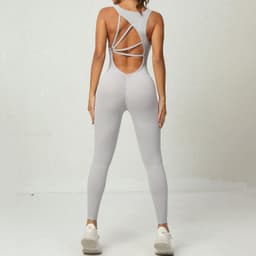 image-Yoga Jumpsuit V-shaped Back Design Sleeveless Fitness Running Sportswear Stretch Tights Pants For Womens Clothing