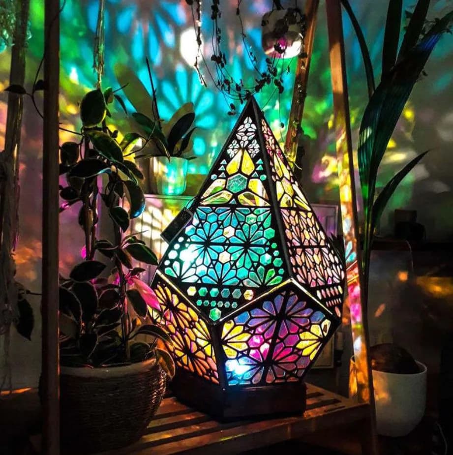 image-Wooden Hollow LED Projection Night Lamp Bohemian Colorful Projector Desk Lamp Household Home Decor Holiday Atmosphere Lighting