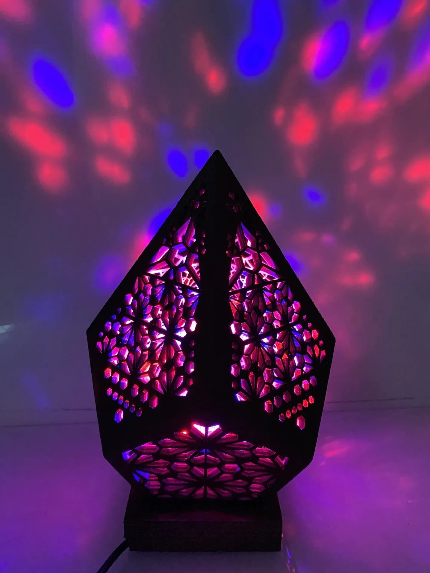 image-Wooden Hollow LED Projection Night Lamp Bohemian Colorful Projector Desk Lamp Household Home Decor Holiday Atmosphere Lighting