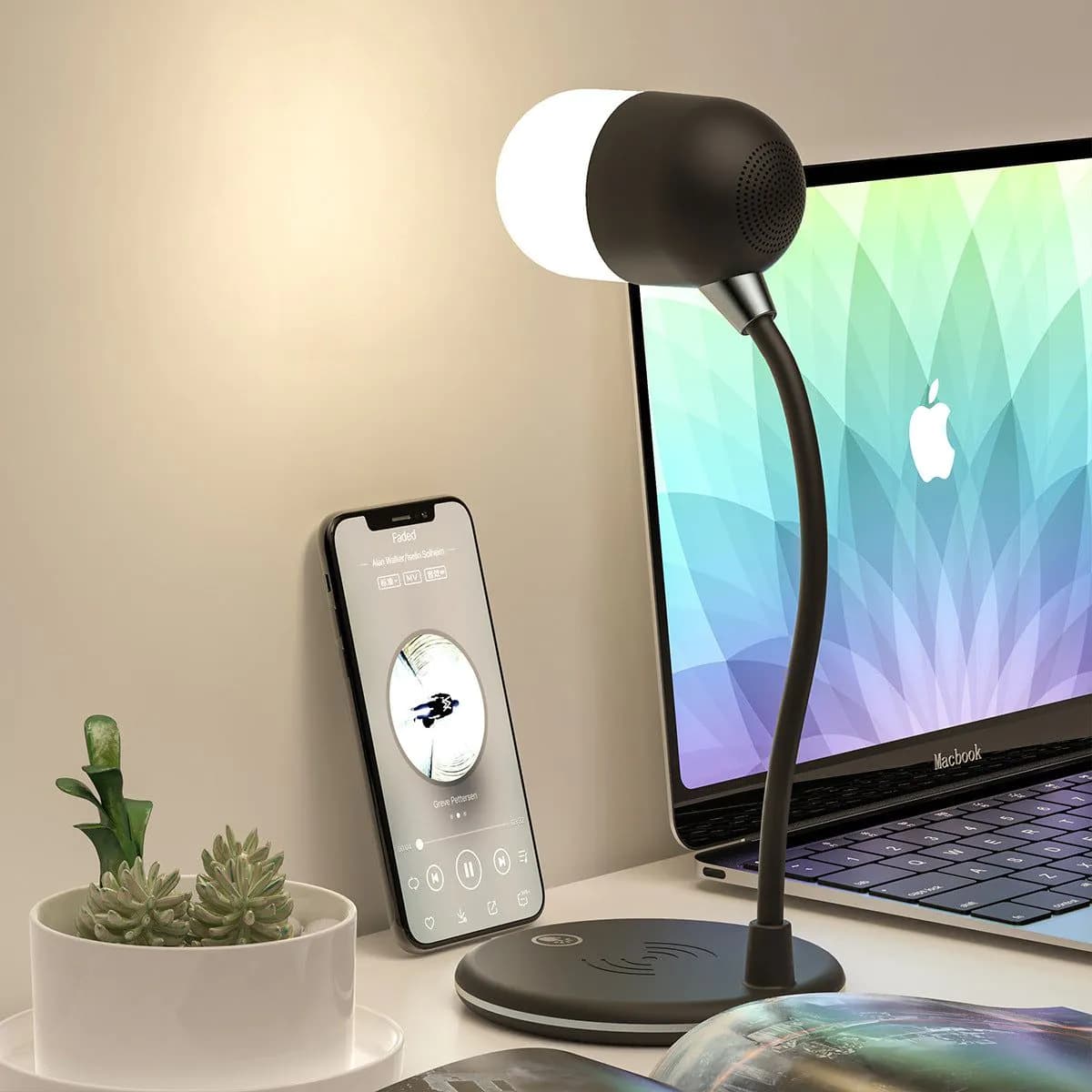 image-3 IN 1 Desk Lamp With Qi Wireless Charger 5W Bluetooth Speaker USB Dimmable For Bedroom