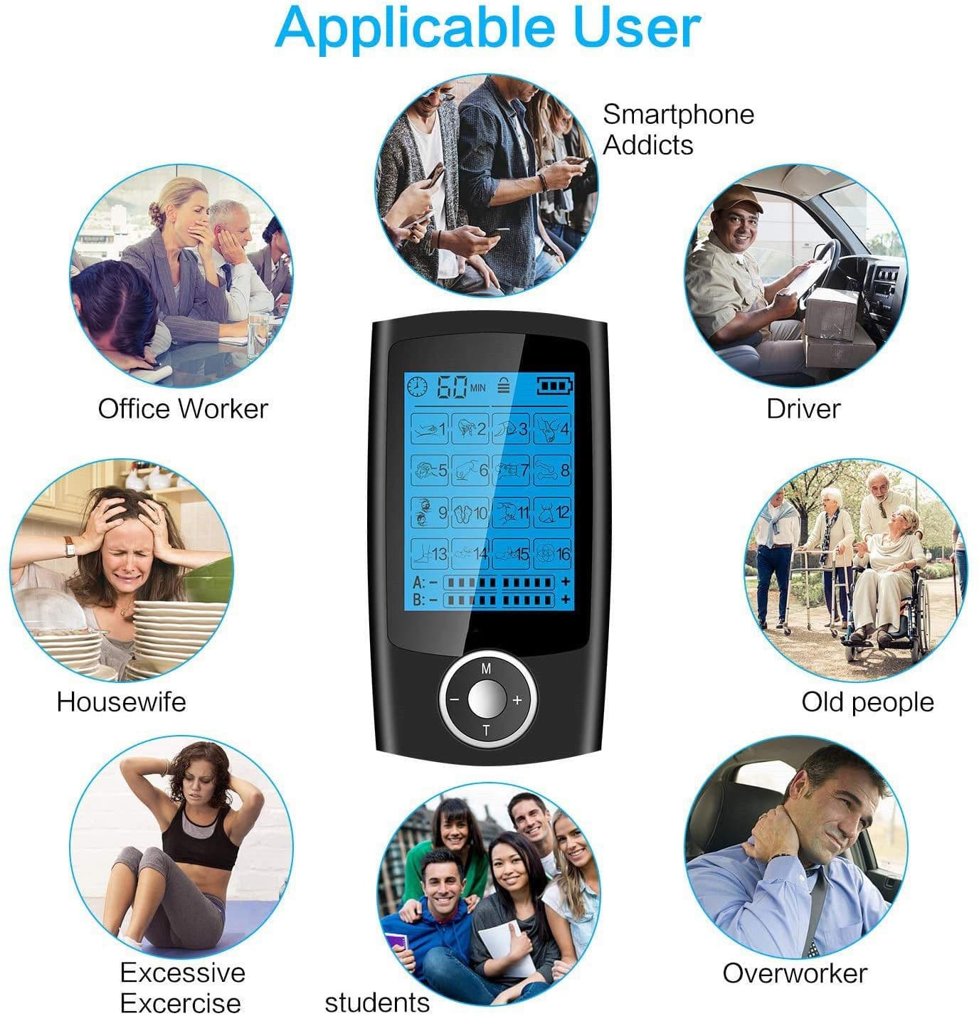 image-Digital Physiotherapy TENS Machine EMS Unit 16Mode Pulse Massage Body Muscle Electroestimulador Pads Best Pain Relief Shock Wave