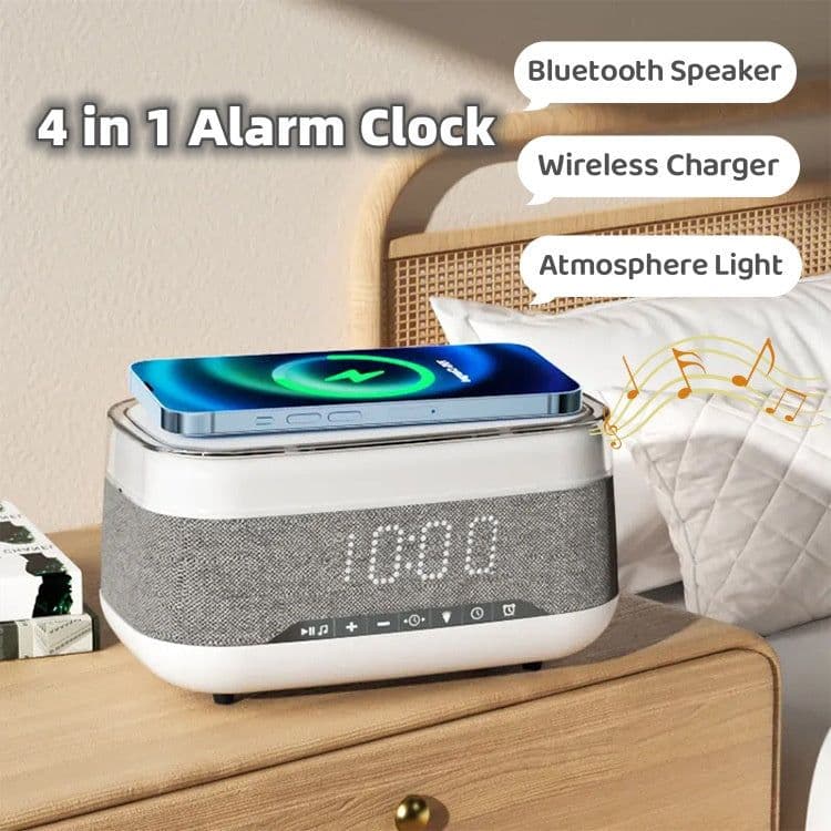 image-Intelligent Multifunctional Alarm Clock Bluetooth Speaker Wireless Charger Fast Charge Clock Atmosphere Night Light Home Decor