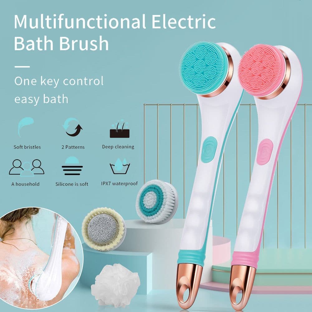image-Electric Bath Brush Silicone Back Scrubber USB Rechargeable 2 Speeds Rotating Shower Brush Spa Waterproof Body Cleaning Brush