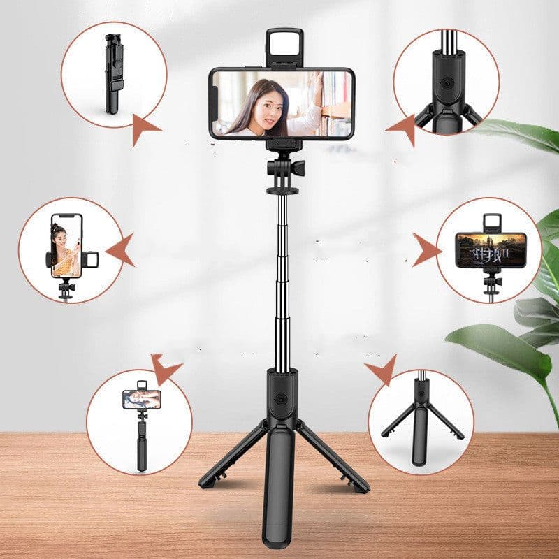 image-Compatible with Apple, Mobile Phone Selfie Stick Bluetooth Integrated Video Camera Bracket Telescopic Live Tripod Phone Stand For Phone Accessorie
