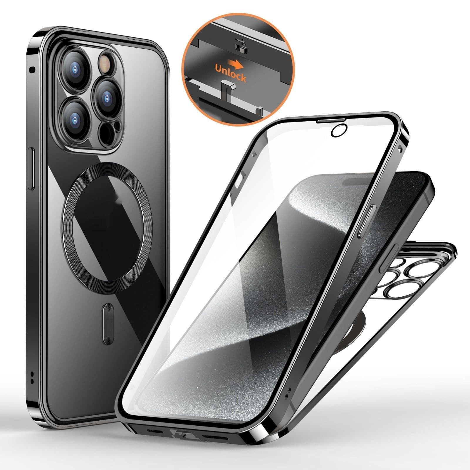 image-Anti-Privacy Metal Buckle Magnetic Support Wireless Charging Double-Sided Lens Full Cover Phone Case Protective Cover