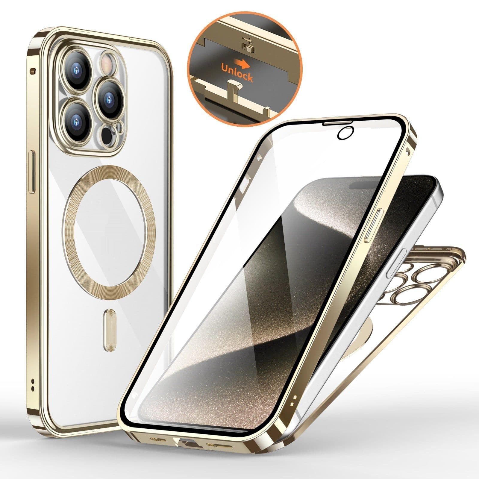 image-Anti-Privacy Metal Buckle Magnetic Support Wireless Charging Double-Sided Lens Full Cover Phone Case Protective Cover