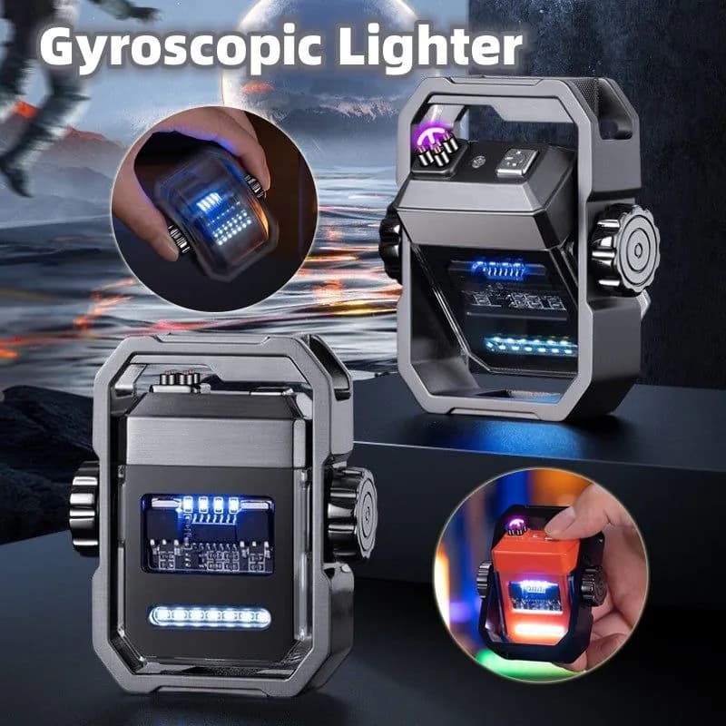 image-New Pulse Lighter Double Arc Outdoor Windproof Type-C Charging Electric Lighter Mechanical Alloy Rotary Gyroscope Decompression Tool