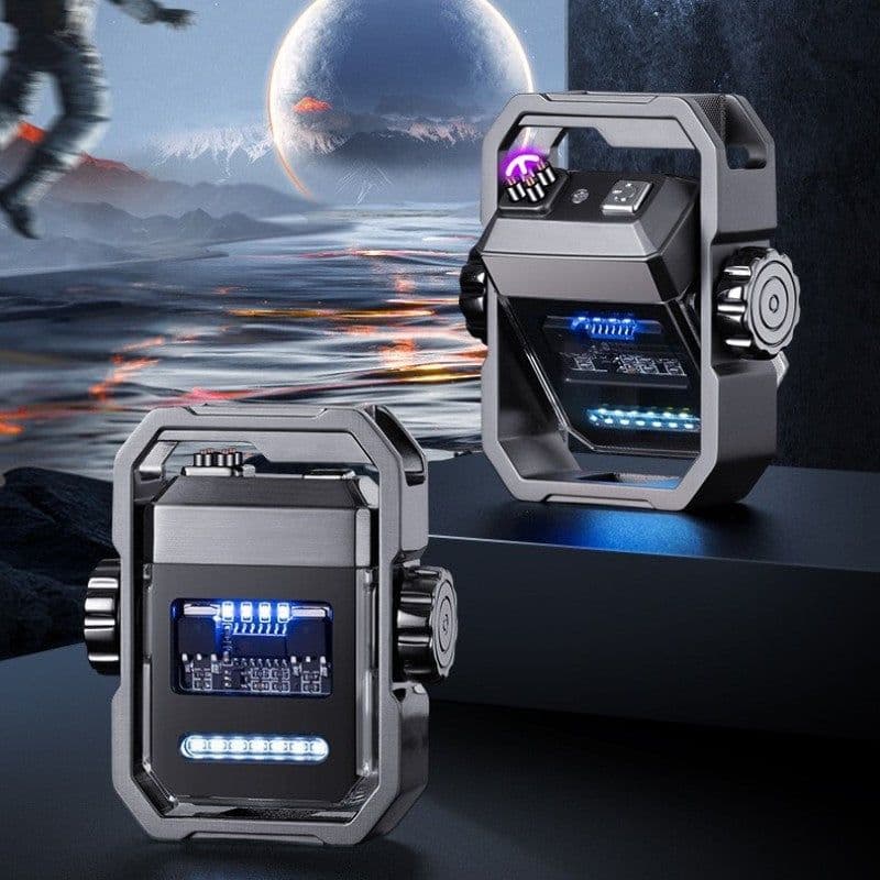 image-New Pulse Lighter Double Arc Outdoor Windproof Type-C Charging Electric Lighter Mechanical Alloy Rotary Gyroscope Decompression Tool
