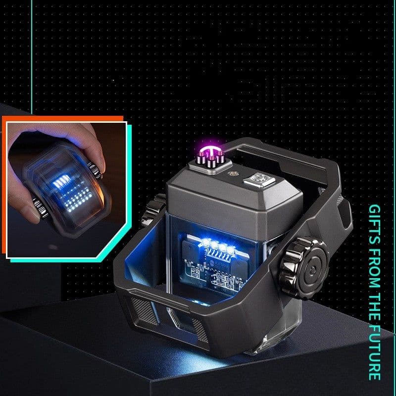 image-New Pulse Lighter Double Arc Outdoor Windproof Type-C Charging Electric Lighter Mechanical Alloy Rotary Gyroscope Decompression Tool