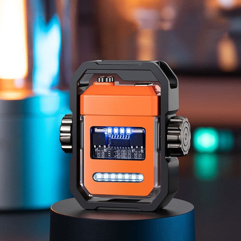 image-New Pulse Lighter Double Arc Outdoor Windproof Type-C Charging Electric Lighter Mechanical Alloy Rotary Gyroscope Decompression Tool