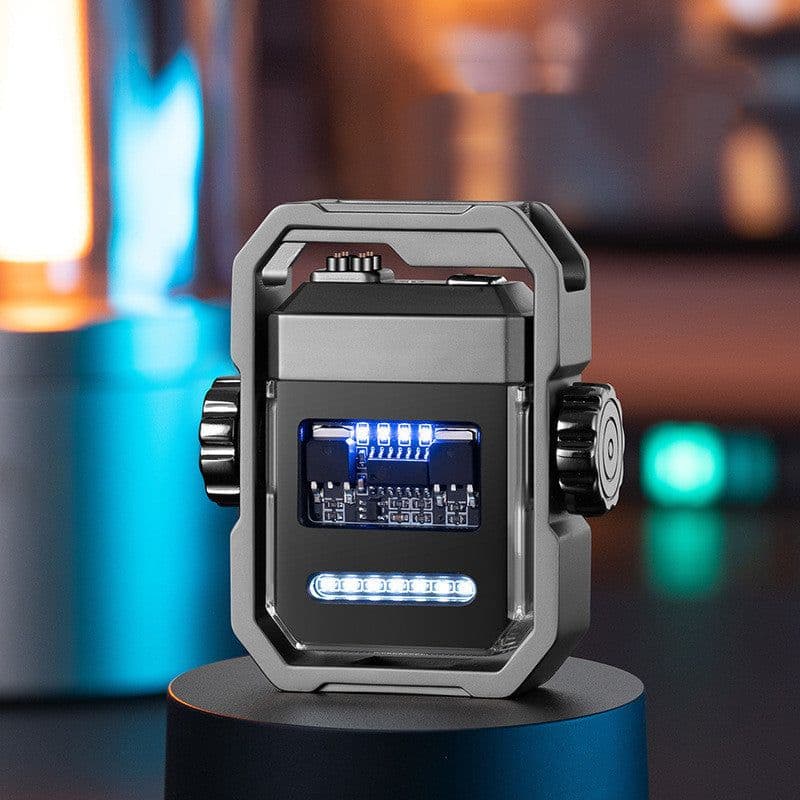 image-New Pulse Lighter Double Arc Outdoor Windproof Type-C Charging Electric Lighter Mechanical Alloy Rotary Gyroscope Decompression Tool