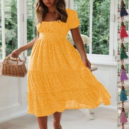 image-Square Collar Short Sleeve Dress Summer Puff Floral Printed Dress Long Dresses