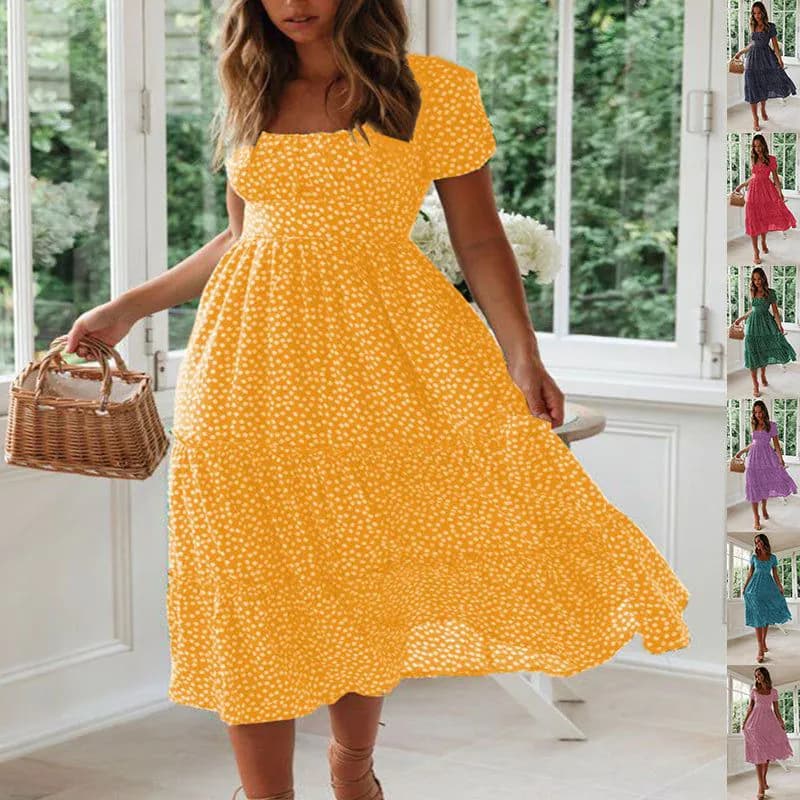 image-Square Collar Short Sleeve Dress Summer Puff Floral Printed Dress Long Dresses