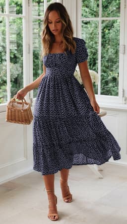 image-Square Collar Short Sleeve Dress Summer Puff Floral Printed Dress Long Dresses