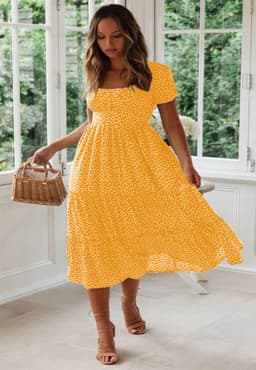 image-Square Collar Short Sleeve Dress Summer Puff Floral Printed Dress Long Dresses