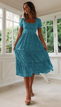 image-Square Collar Short Sleeve Dress Summer Puff Floral Printed Dress Long Dresses