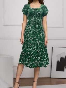 image-Square Collar Short Sleeve Dress Summer Puff Floral Printed Dress Long Dresses
