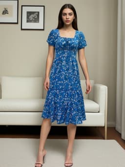 image-Square Collar Short Sleeve Dress Summer Puff Floral Printed Dress Long Dresses