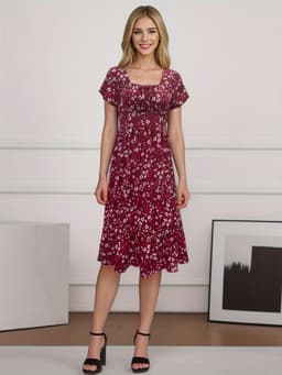 image-Square Collar Short Sleeve Dress Summer Puff Floral Printed Dress Long Dresses