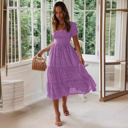 image-Square Collar Short Sleeve Dress Summer Puff Floral Printed Dress Long Dresses