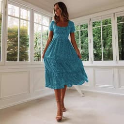 image-Square Collar Short Sleeve Dress Summer Puff Floral Printed Dress Long Dresses