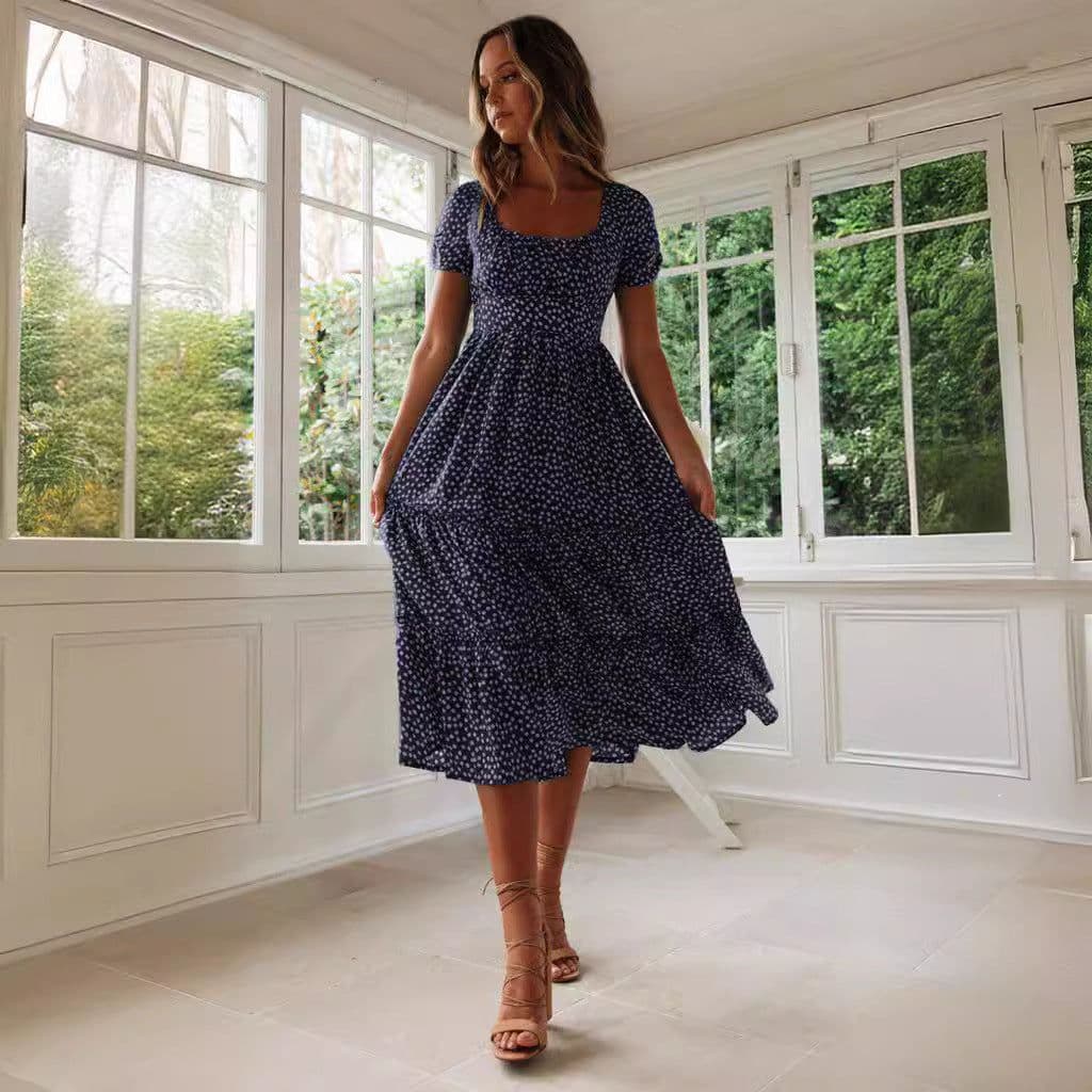 image-Square Collar Short Sleeve Dress Summer Puff Floral Printed Dress Long Dresses