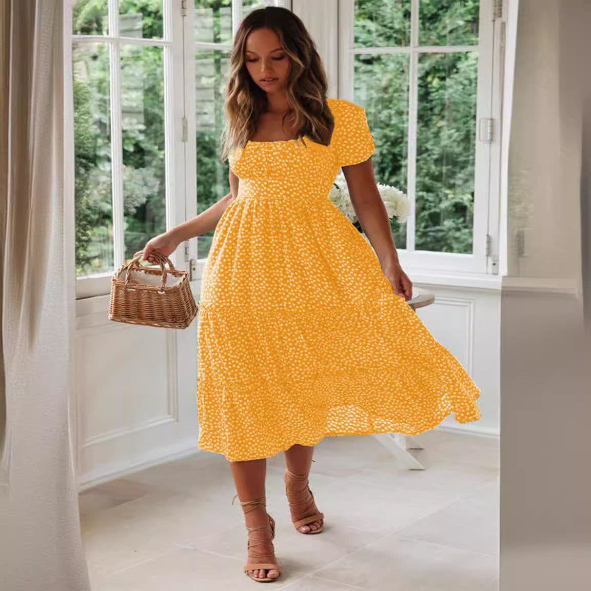 image-Square Collar Short Sleeve Dress Summer Puff Floral Printed Dress Long Dresses