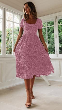 image-Square Collar Short Sleeve Dress Summer Puff Floral Printed Dress Long Dresses