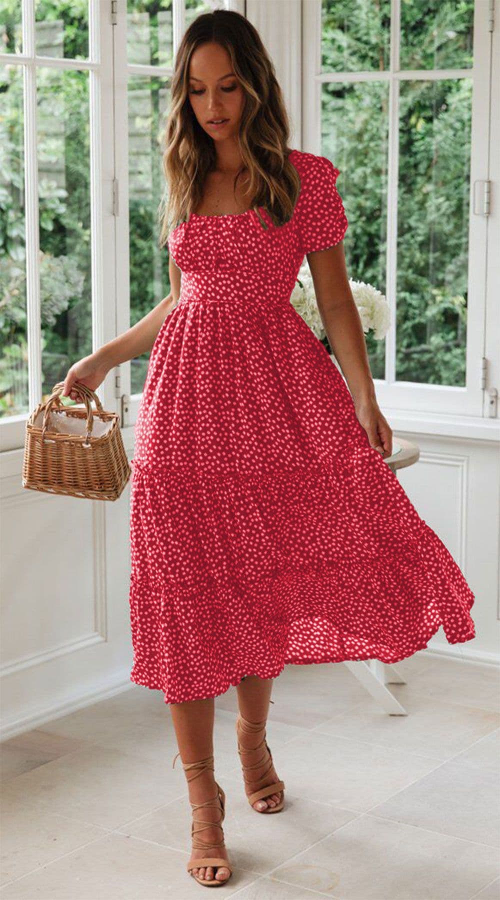 image-Square Collar Short Sleeve Dress Summer Puff Floral Printed Dress Long Dresses