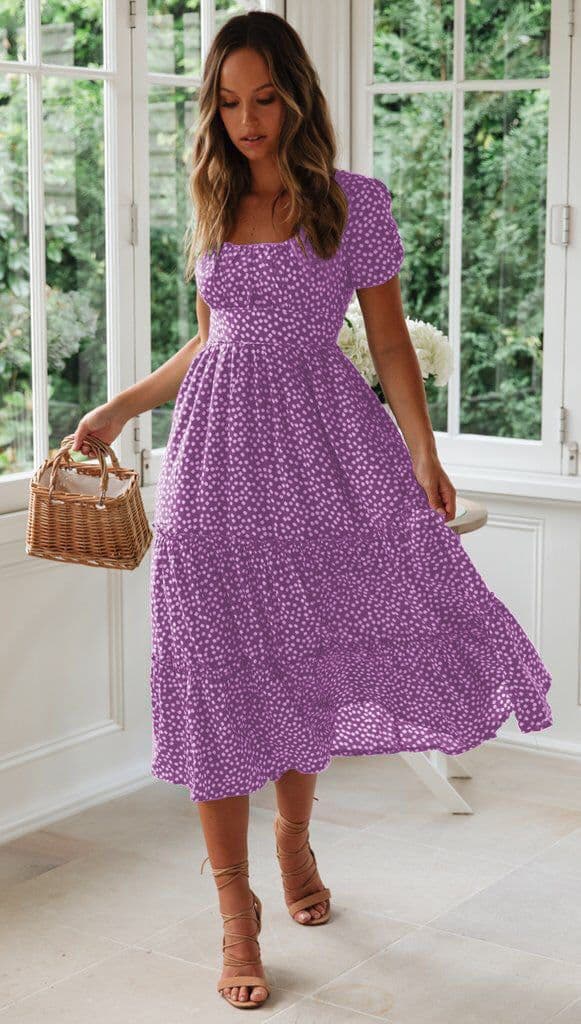 image-Square Collar Short Sleeve Dress Summer Puff Floral Printed Dress Long Dresses