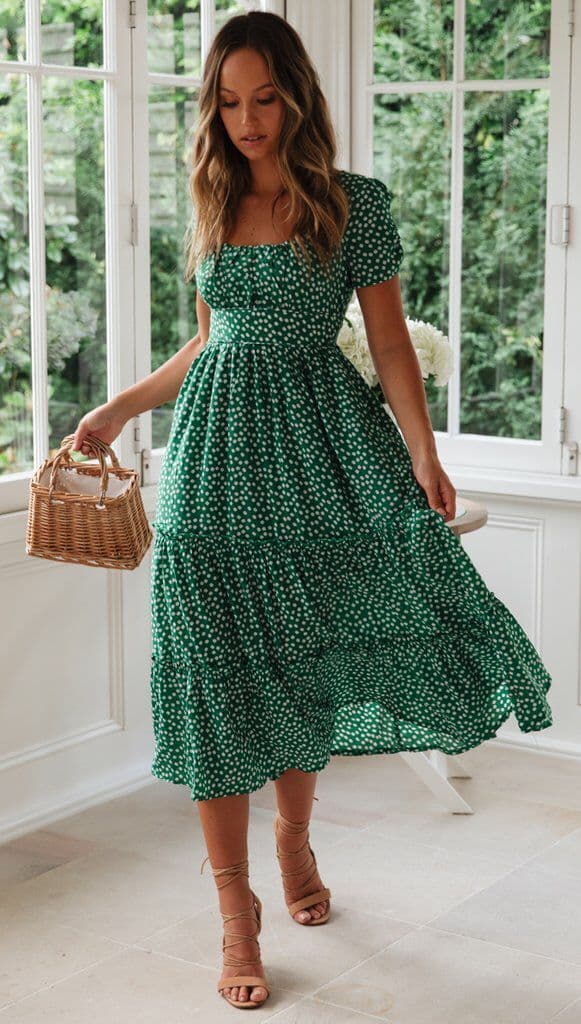 image-Square Collar Short Sleeve Dress Summer Puff Floral Printed Dress Long Dresses