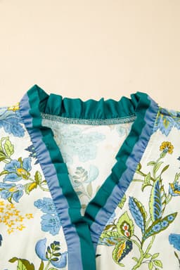 image-Sky Blue Plus Size Frilled V Neck Short Sleeve Floral Blouse