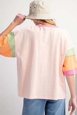 image-Rugby Chenille Embroidered Color Block T-Shirt - Pink