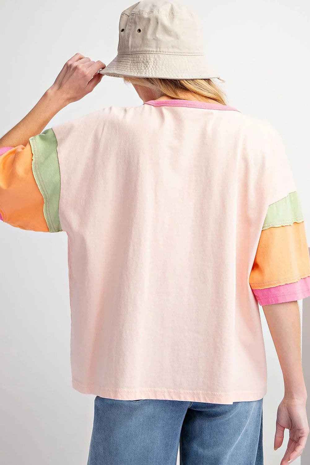 image-Rugby Chenille Embroidered Color Block T-Shirt - Pink