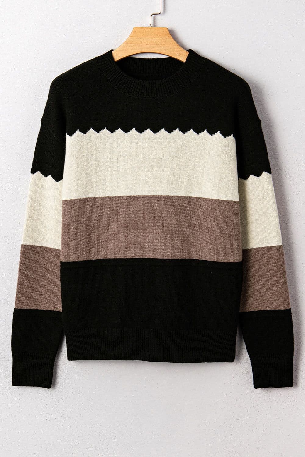 image-Brown Colorblock Crew Neck Drop Shoulder Sweater