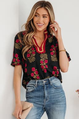 image-White Floral Blouse - Short Puff Sleeve Contrast