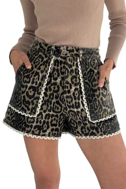 image-Khaki Contrast Scalloped Lace Trim Leopard Denim Shorts