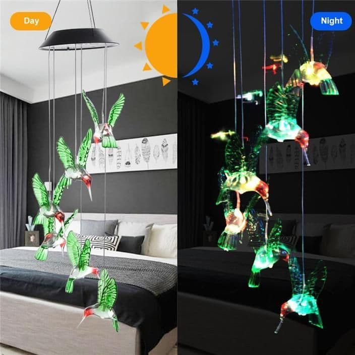 image-Color Changing Solar Power Wind Chime Crystal Ball Hummingbird Butterfly Waterproof Outdoor Windchime Light For Patio Yard Garde