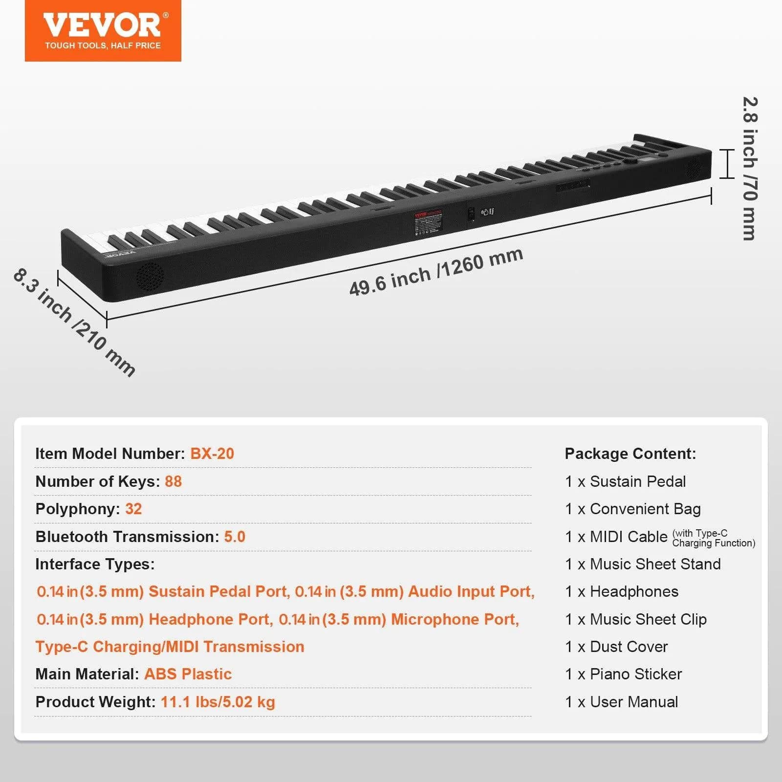 image-VEVOR 88 Key Folding Keyboard Piano, Bluetooth & MIDI, Portable Electronic Digital Foldable Piano with Sustain Pedal Bag Touch Sensitive Keys Headphones, Rechargeable for Beginners Teens Adults, Black