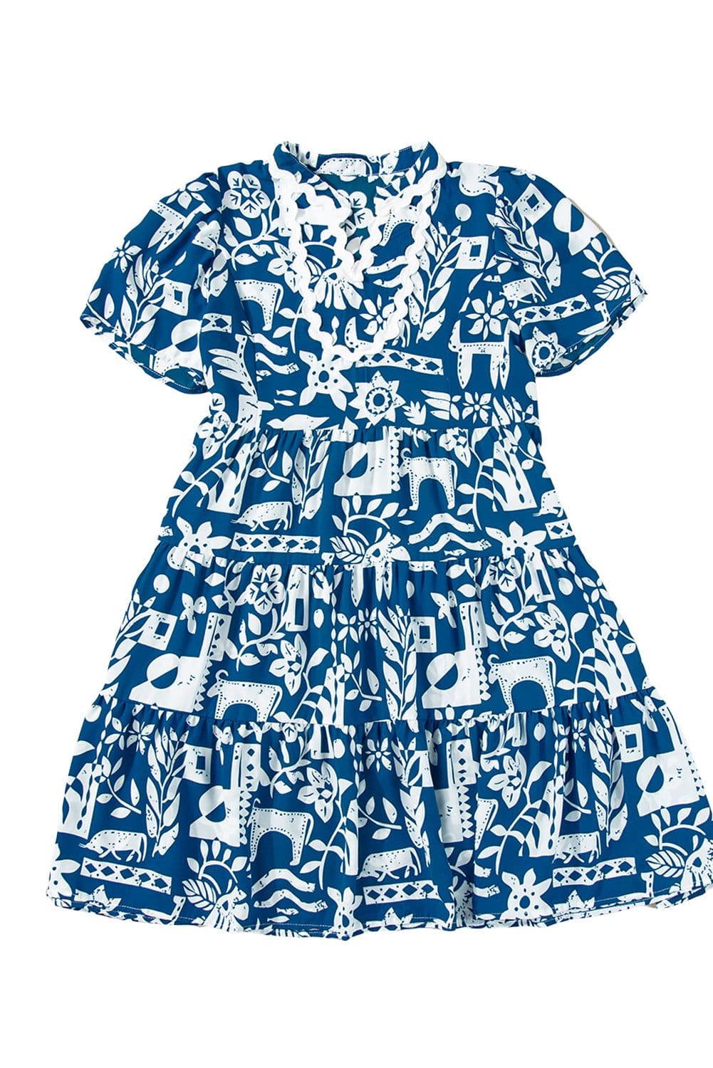 image-Blue Ricrac Trim Split Neck Floral Loose Dress