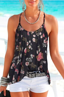 image-Black Floral Spaghetti Straps Strappy Back Tank Top