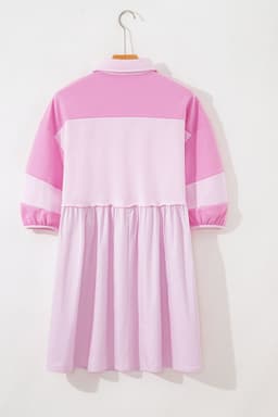 image-Pink Raw Seam Color Block Patchwork Button Polo Collar Mini Dress