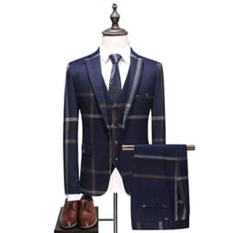 image-Men's 3-Piece Plaid Suit - Blue Slim Fit Business