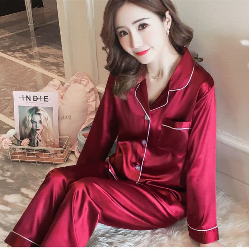 image-Women's Silk Pajamas Set - Long Sleeve Black Cardigan