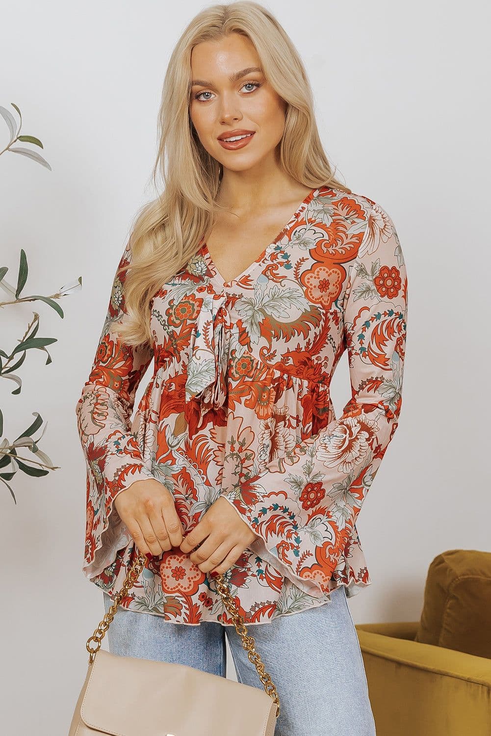 image-Floral Print Deep V Neck Knot Bell Sleeve Blouse - Orange