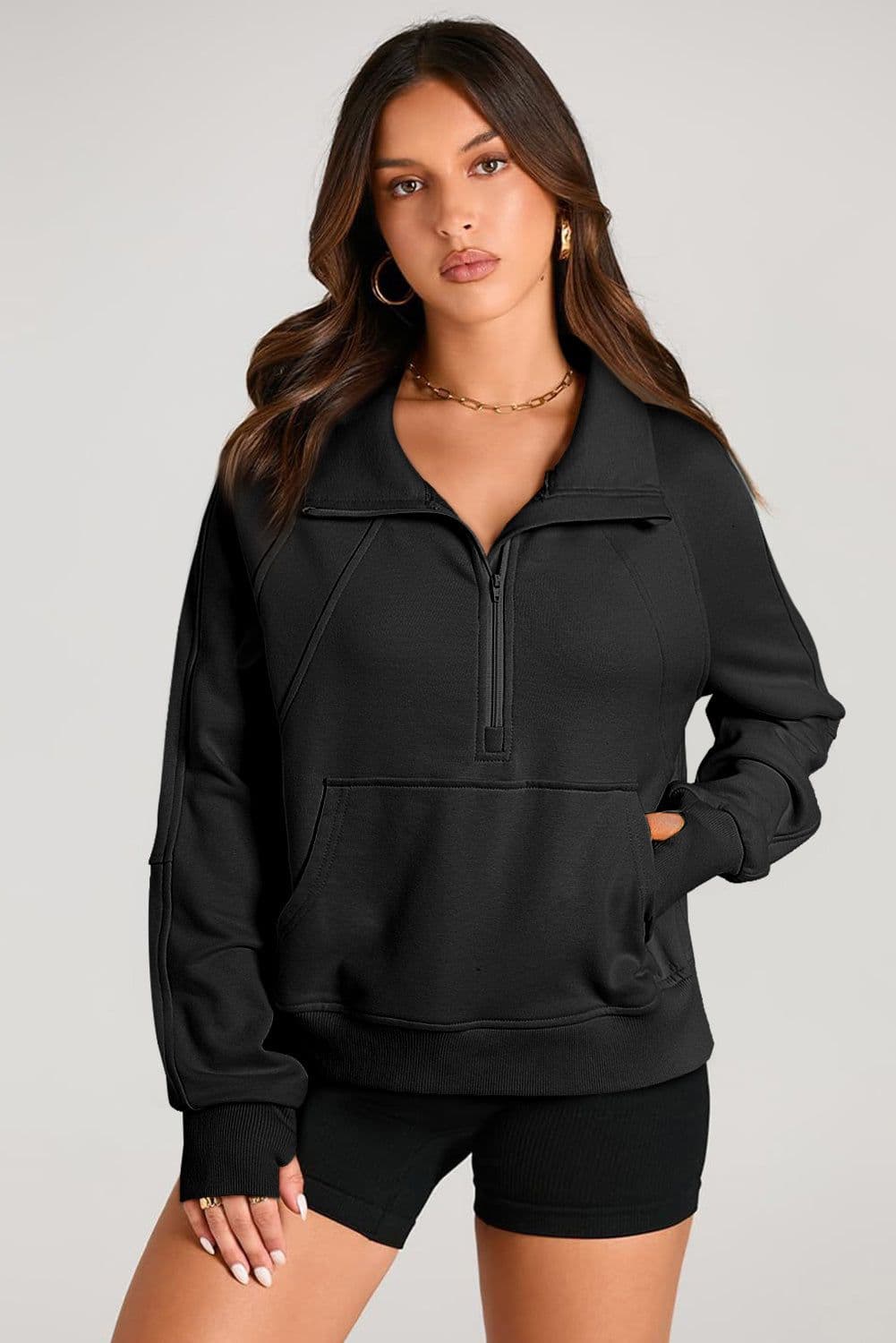 image-Quarter Zip Kangaroo Pocket Sweatshirt - Black (61 characters)