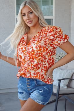 image-Floral Print Ruffled Short Puff Sleeve Split Neck Blouse - Orange (65 characters)